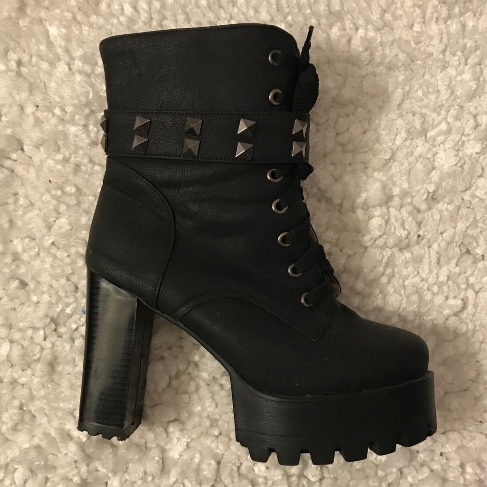 Women's High Heeled Studded Combat Boots, Size 7.5